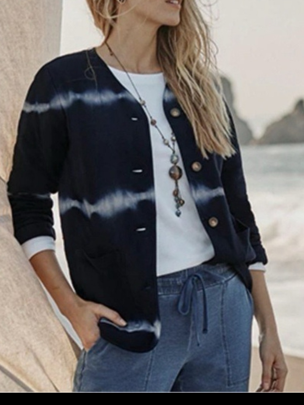 Pure Jill Tie-Dyed Expressions Jacket Indigo V-Neck Quilted Cardigan size Small
